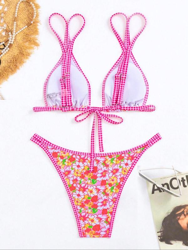 Women's Floral Print Bikinis Set, Double Adjustable Spaghetti Strap Design Tie Back Wireless Triangle Swim Bra & High Cut Swim Panty Two-piece Swimsuit for Beach Holiday Vacation, Fashion Chic Ladies Bathing Suit for Summer