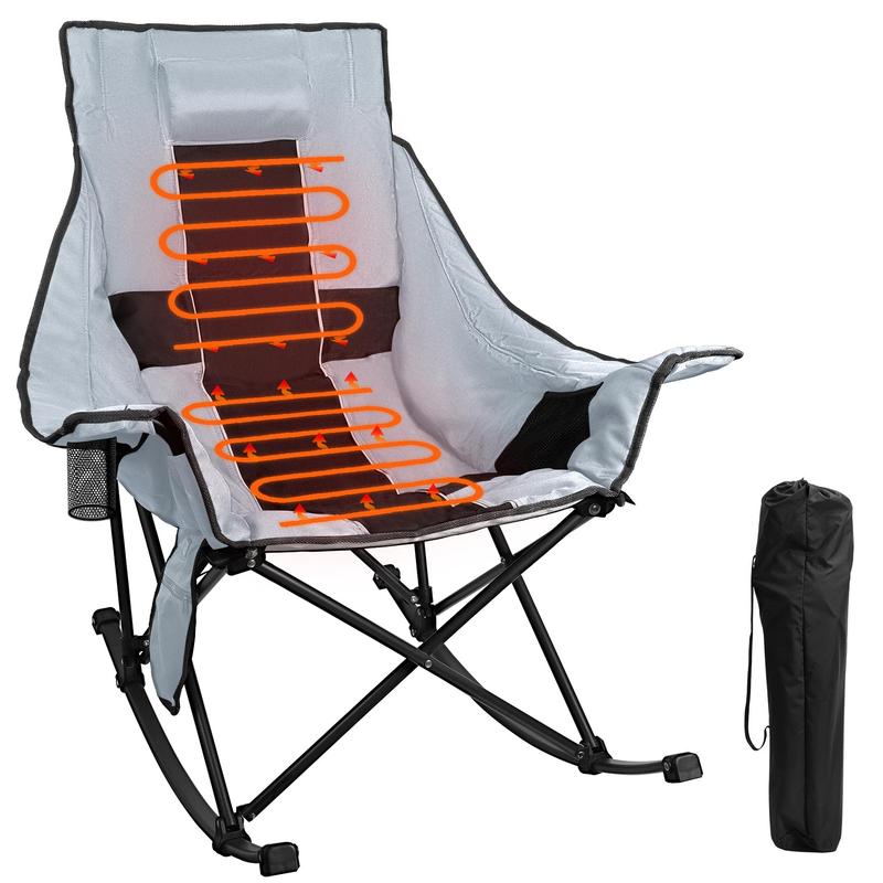 Slendor Oversized Rocking Camping Chair, Heated Camping Chair with 3 Heat Levels, Portable Outdoor Rocker Chair, High Back, Pillow, Carry Bag, Padded