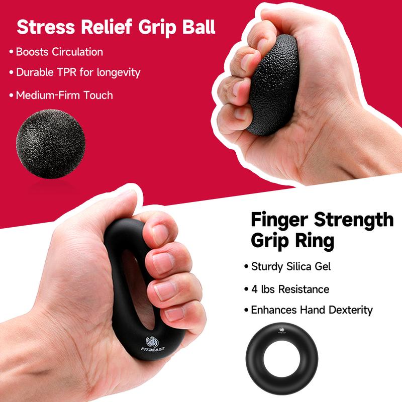 FitBeast Counting Hand Grip Strengthener Workout Kit (5 Pack), 2 Forearm Grip Adjustable Resistance Hand Gripper, Finger Stretcher, Grip Ring & Stress Relief Grip Ball for Athletes