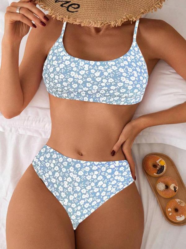 Women's Ditsy Floral Print Bikini Set, Push Up Swim Top & High Cut Swim Bottom, Ladies Summer Swimwear for Beach Holiday Vacation