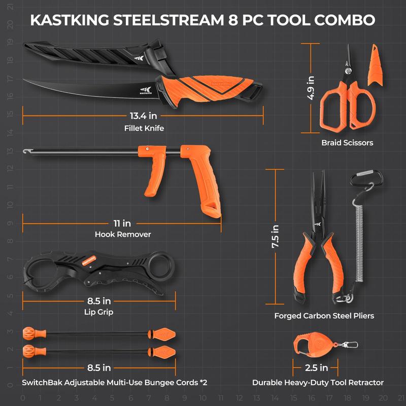 KastKing SteelStream  Fishing Tool Kit - Fishing Pliers with Lanyard, Fillet Knife, Floating Fish Lip Gripper, Fishing Braid Scissors, Tool Retractor, Fishing Hook Remover, Bungee Cords