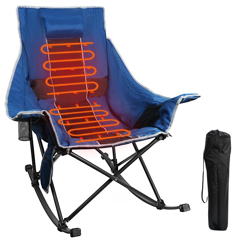 Slendor Oversized Rocking Camping Chair, Heated Camping Chair with 3 Heat Levels, Portable Outdoor Rocker Chair, High Back, Pillow, Carry Bag, Padded