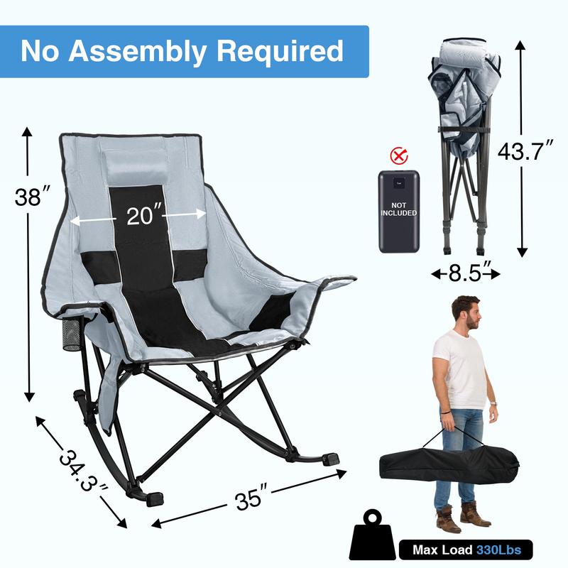 Slendor Oversized Rocking Camping Chair, Heated Camping Chair with 3 Heat Levels, Portable Outdoor Rocker Chair, High Back, Pillow, Carry Bag, Padded