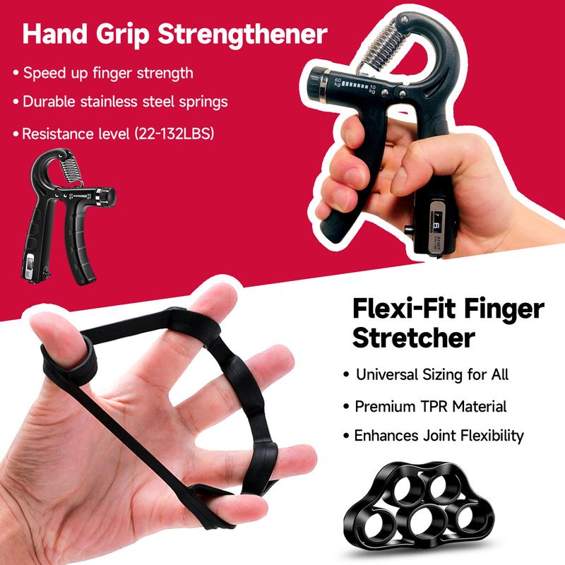 FitBeast Counting Hand Grip Strengthener Workout Kit (5 Pack), 2 Forearm Grip Adjustable Resistance Hand Gripper, Finger Stretcher, Grip Ring & Stress Relief Grip Ball for Athletes