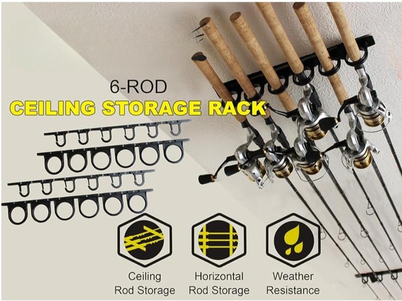 Fishing Rod Holder for 6 Rods, Pole Holder for Garage Organization and Wall Storage, Fishing Gear, and Fishing Accessories