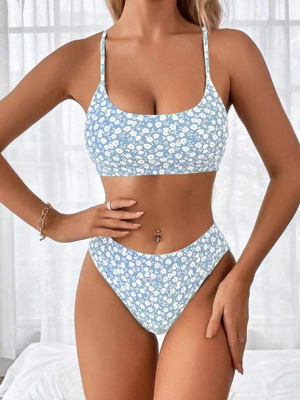 Women's Ditsy Floral Print Bikini Set, Push Up Swim Top & High Cut Swim Bottom, Ladies Summer Swimwear for Beach Holiday Vacation