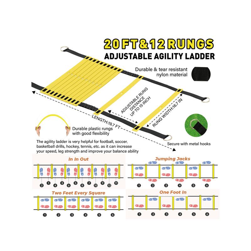 Agility Ladder Football Ladder Set 20ft 12 Rungs Speed Ladder,12 Soccer Cones,1 4Size Football,1 Football Trainer,Running Parachute, Jump Rope,Football Training Equipment For Kids Youth Adults