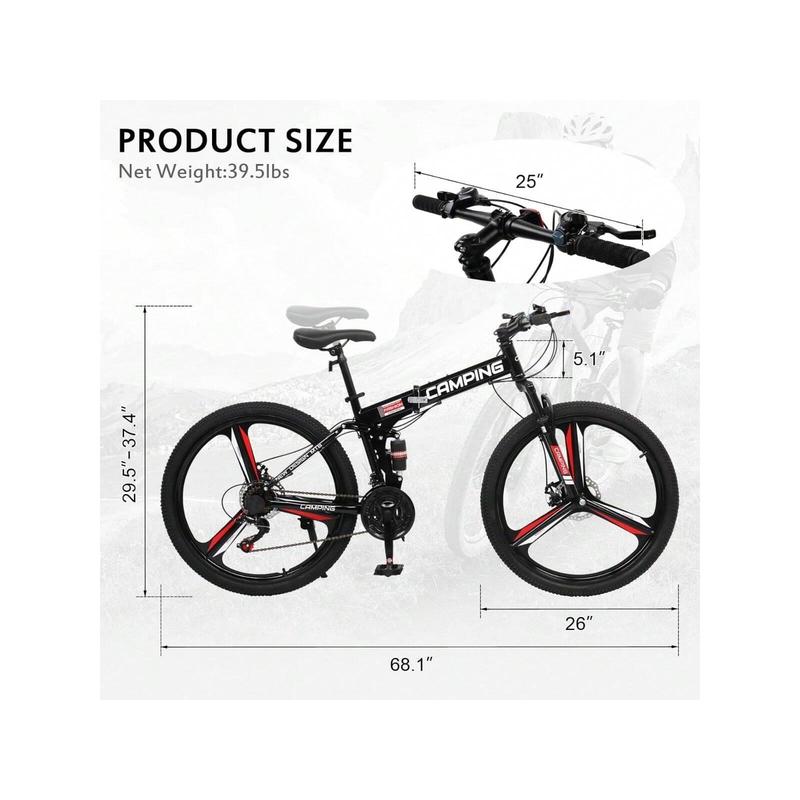 Foldable Mountain Bike 26 Inch Bike 21-Speed Bikes For Adults With Cool Design, Powerful Mechanical Dual Disc Brakes, Double Shock Effect And Ergonomic Cushion (Red Black)