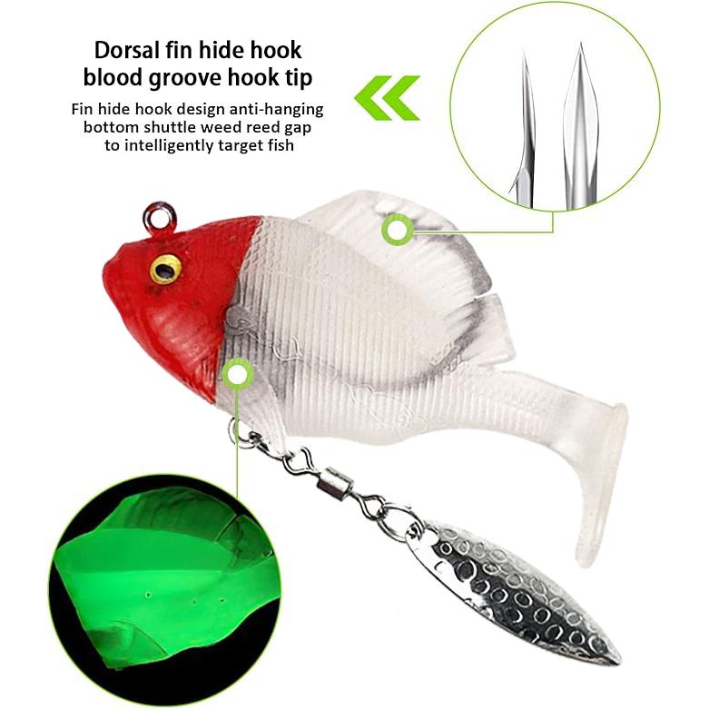 6Pcs Pre-Rigged Jig Head Soft Fishing Lures,Paddle Tail Swimbaits 3D Eyes  Blades for Bass Fishing,Hidden Ultra-Sharp Hook in The top fin