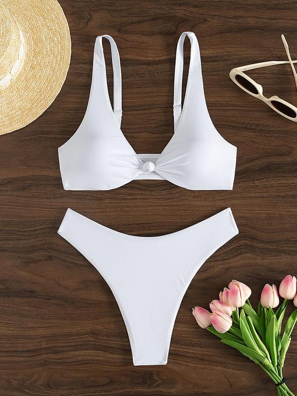 Women's Solid Twist Bikini Set, Adjustable Strap Deep V-neck Swim Top & High Waist Swim Bottoms Set, Ladies Summer Swimwear for Beach Holiday Vacation, Bikini Sets for Women, Bathing Suits