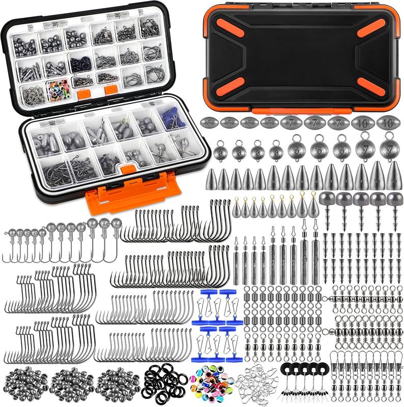 264 397pcs Fishing Accessories Kit, Organized Fishing Tackle Box with Tackle Included, Fishing Hooks, Fishing Weights Sinkers, Swivels, Beads, Fishing Gear Set Equipment for Bass Trout