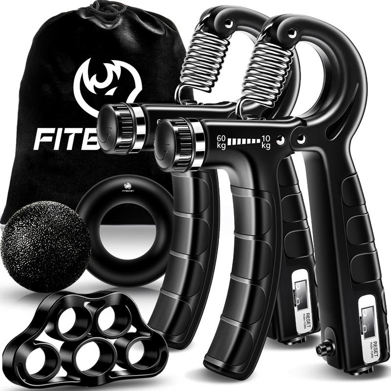 FitBeast Counting Hand Grip Strengthener Workout Kit (5 Pack), 2 Forearm Grip Adjustable Resistance Hand Gripper, Finger Stretcher, Grip Ring & Stress Relief Grip Ball for Athletes