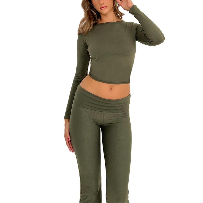 Women Two Piece Flare Pants Set Basic Long Sleeve Crop Top Low Waist Yoga Leggings Set Outfits Loungewear Tracksuit