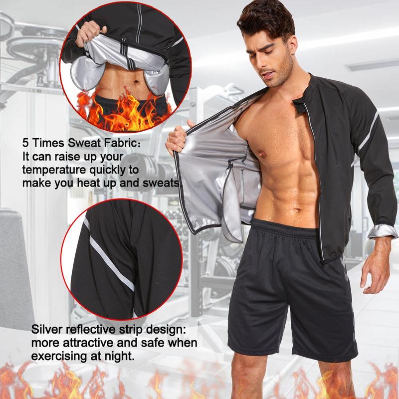 Men's Silver-Coated Sauna Suit Designed for Intense Workouts, featuring White-Trimmed Zipper Long Sleeves, Reflective Silver Accents, and Optimal Heat Retention for Accelerated Weight Loss and Comfort in Motion