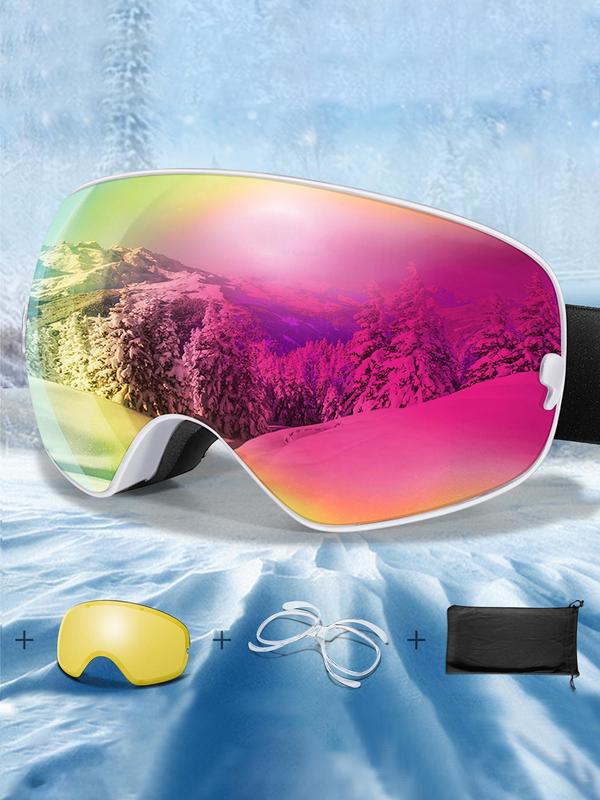 Unisex Sporty Ski Goggles, OTG Ski Goggles with Replacement Lens & Storage Bag, UV 400 Protective Skiing Goggles for Men & Women