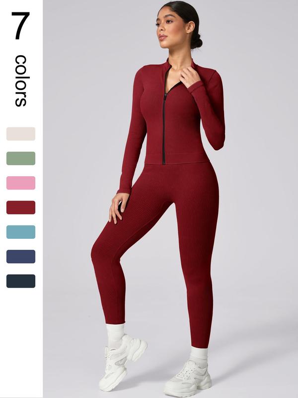 Women's Solid Zip Up Crop Jacket & High Waist Leggings Ribbed Tracksuit Set, Fall Outfits, Sporty Breathable Comfy Outfits for Yoga Gym Workout Running, Ladies Sportswear for Fall, Jogging Suit Set, Minimalistic Outfit Cute Going Out Tops, Fall Outfits