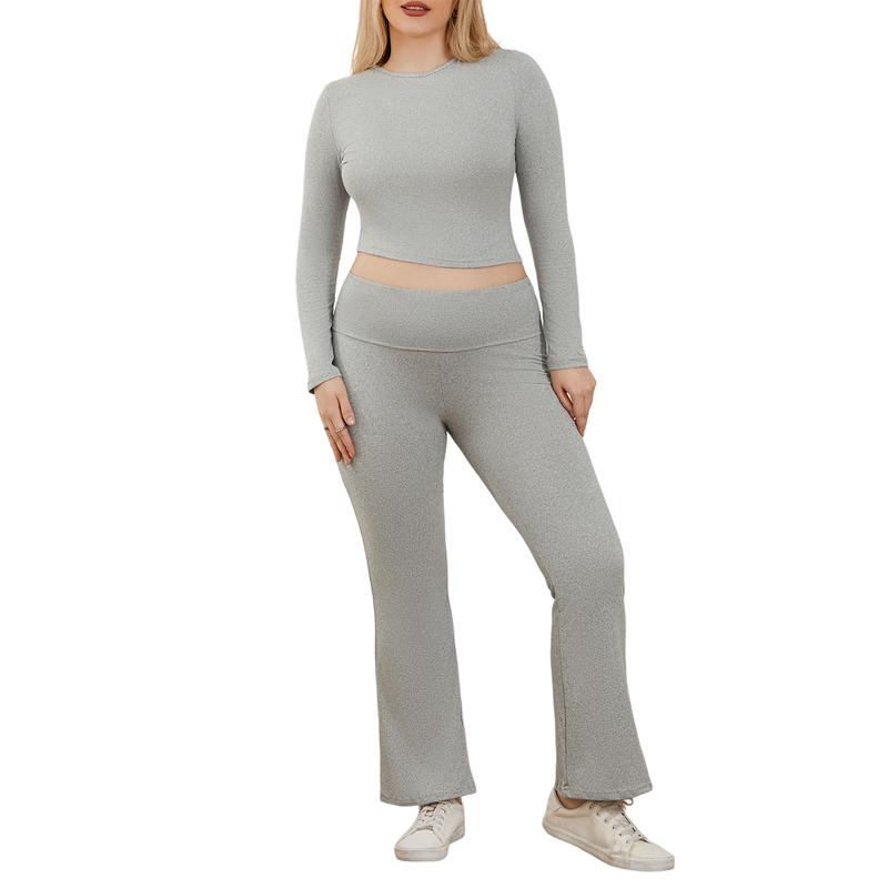 Women Two Piece Flare Pants Set Basic Long Sleeve Crop Top Low Waist Yoga Leggings Set Outfits Loungewear Tracksuit