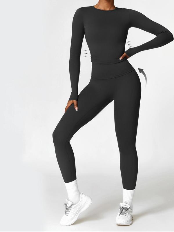 Two-piece Set Women's Solid Long Sleeve Tee & Leggings Tracksuit Set, Sporty Round Neck Top & Skinny Pants for Yoga Gym Workout, Jogging Suit Set, 2 Piece Sets Women,   Ladies Sportswear for Fall & Winter, Fall Clothes