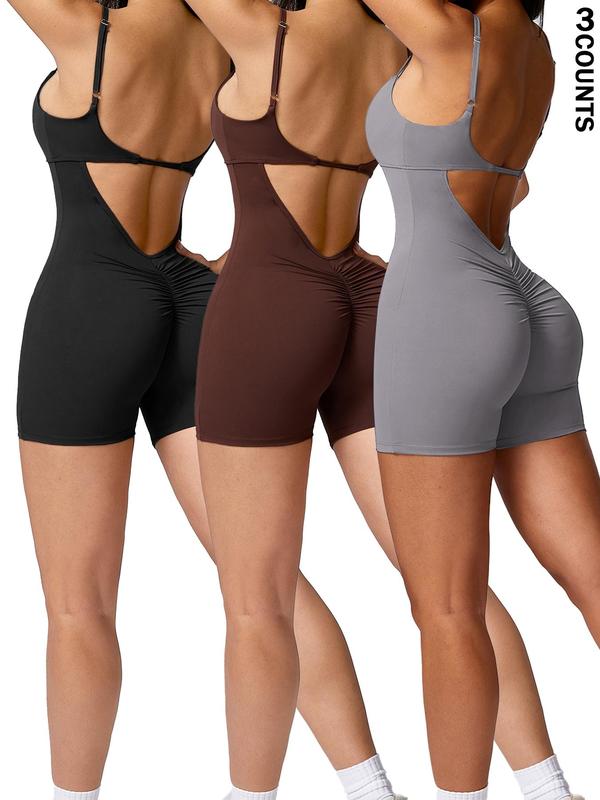 Women's Cut Out Ruched Skinny Sports Tummy Control Romper, Solid Adjustable Spaghetti Strap Bodycon Romper, Ladies Sportswear for Indoor Outdoor Wear, Workout Outfits, Gym Clothes Women, Minimalistic Outfit