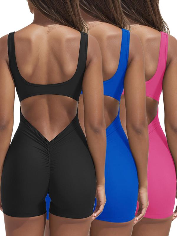 Women's Solid Cut Out Backless Ruched Sports Romper with Removable Chest Pad Design, Gym Clothing, Comfy High Stretch Seamless Solid Sleeveless Scoop Neck Bodycon Tank Romper, Ladies Sportswear for Workout Gym, Back To School