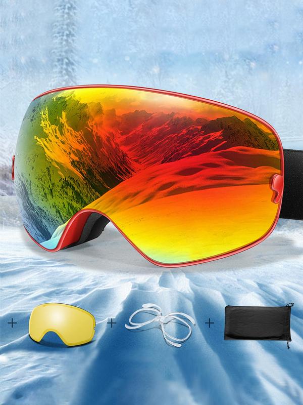 Unisex Sporty Ski Goggles, OTG Ski Goggles with Replacement Lens & Storage Bag, UV 400 Protective Skiing Goggles for Men & Women