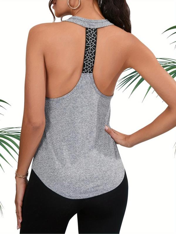 Sporty Women's Patchwork Print Asymmetrical Hem Backless Sports Vest, Round Neck Sleeveless Sports Top for Gym Workout Running Exercise, Ladies Sportswear for Indoor Outdoor Wear