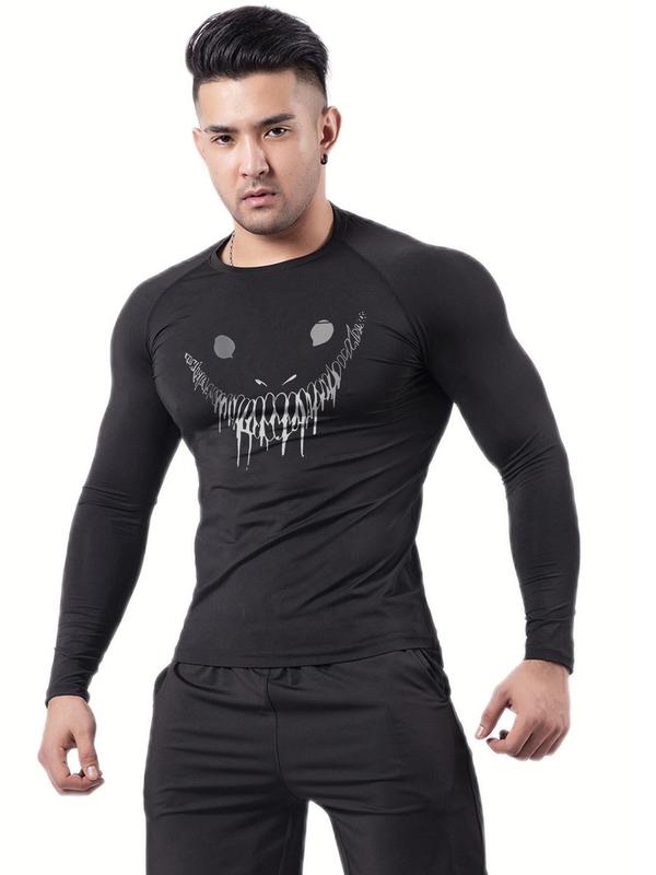 Men's Smile Face Print Round Neck Sports Tee, Long Sleeve Crew Neck T-shirt for Gym Workout Running, Casual Sporty Top for Fall & Winter