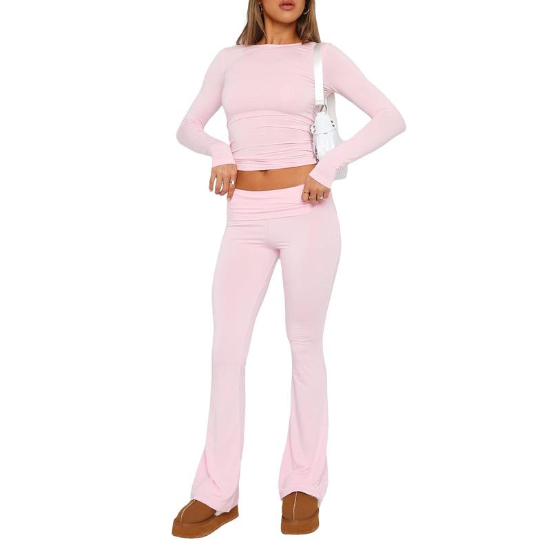 Women Two Piece Flare Pants Set Basic Long Sleeve Crop Top Low Waist Yoga Leggings Set Outfits Loungewear Tracksuit