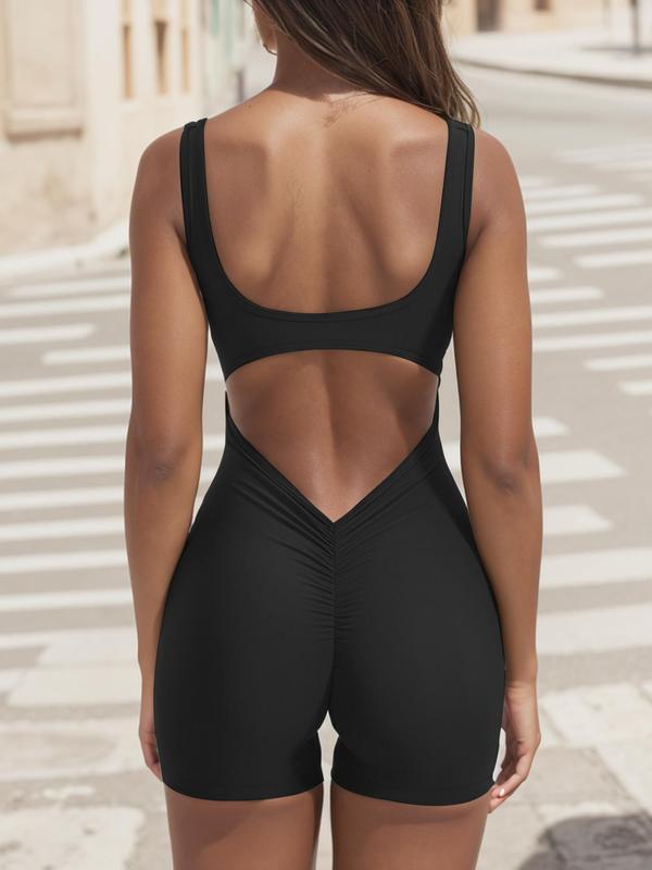 Women's Solid Cut Out Backless Ruched Sports Romper with Removable Chest Pad Design, Gym Clothing, Comfy High Stretch Seamless Solid Sleeveless Scoop Neck Bodycon Tank Romper, Ladies Sportswear for Workout Gym, Back To School