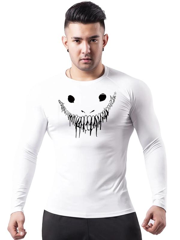 Men's Smile Face Print Round Neck Sports Tee, Long Sleeve Crew Neck T-shirt for Gym Workout Running, Casual Sporty Top for Fall & Winter