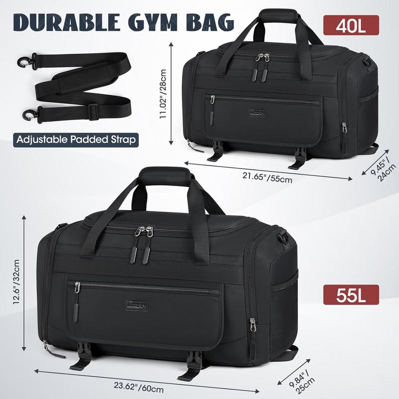 Gym Bag for Men 55L Sports Duffel Bags Gym Duffle Bag Women with Shoe Compartment & Wet Pocket Water Resistant Travel Duffel Bag Lightweight Weekender Overnight Bag Black