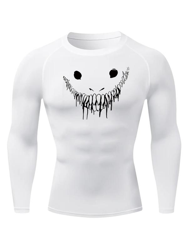 Men's Smile Face Print Round Neck Sports Tee, Long Sleeve Crew Neck T-shirt for Gym Workout Running, Casual Sporty Top for Fall & Winter