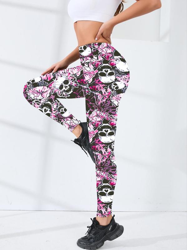 Women's Skull Print High Waist Sports Leggings, Casual Comfy Breathable Skinny Pants for Yoga Gym Workout Running, Ladies Sportswear for All Seasons