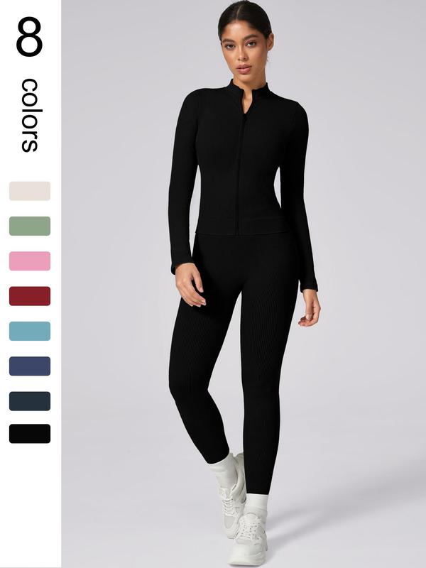 Women's Solid Zip Up Crop Jacket & High Waist Leggings Ribbed Tracksuit Set, Fall Outfits, Sporty Breathable Comfy Outfits for Yoga Gym Workout Running, Ladies Sportswear for Fall, Jogging Suit Set, Minimalistic Outfit Cute Going Out Tops, Fall Outfits