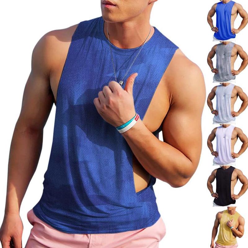 Men's Sleeveless Muscle Stringer Tank Top Cut Open Gym Training Bodybuilding Vest Shirts exercise athletic sports fitness workout Tank top