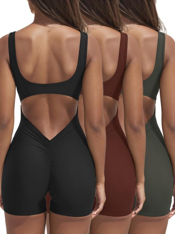 Women's Solid Cut Out Backless Ruched Sports Romper with Removable Chest Pad Design, Gym Clothing, Comfy High Stretch Seamless Solid Sleeveless Scoop Neck Bodycon Tank Romper, Ladies Sportswear for Workout Gym, Back To School