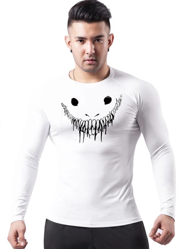 Men's Smile Face Print Round Neck Sports Tee, Long Sleeve Crew Neck T-shirt for Gym Workout Running, Casual Sporty Top for Fall & Winter