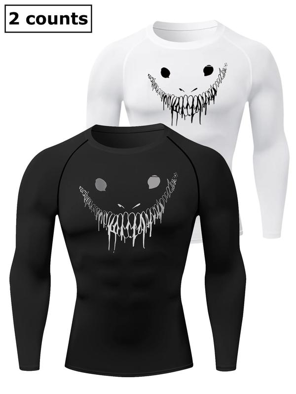 Men's Smile Face Print Round Neck Sports Tee, Long Sleeve Crew Neck T-shirt for Gym Workout Running, Casual Sporty Top for Fall & Winter