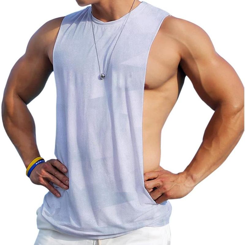 Men's Sleeveless Muscle Stringer Tank Top Cut Open Gym Training Bodybuilding Vest Shirts exercise athletic sports fitness workout Tank top