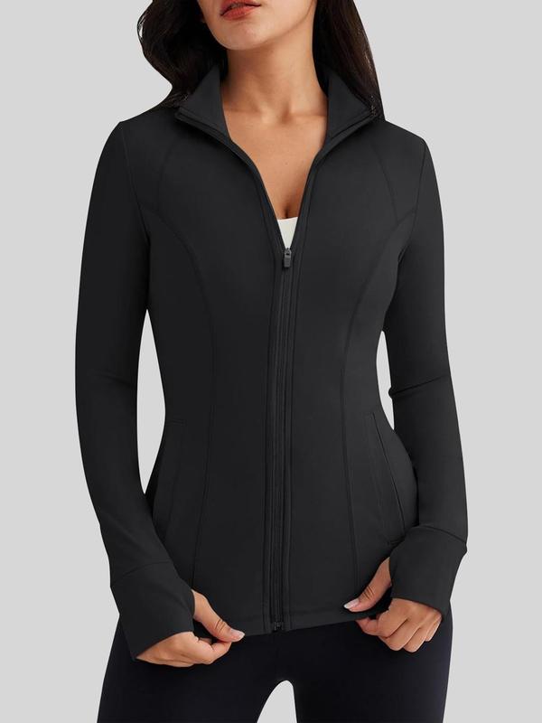 Women's Solid Zip Up Mock Neck Sports Coat, Sporty Long Sleeve Outerwear for Fall & Winter, Women's Sportswear for Indoor Outdoor Wear