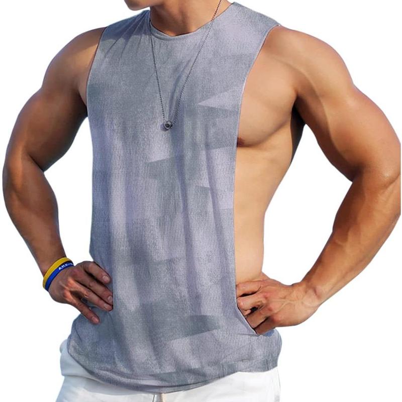 Men's Sleeveless Muscle Stringer Tank Top Cut Open Gym Training Bodybuilding Vest Shirts exercise athletic sports fitness workout Tank top