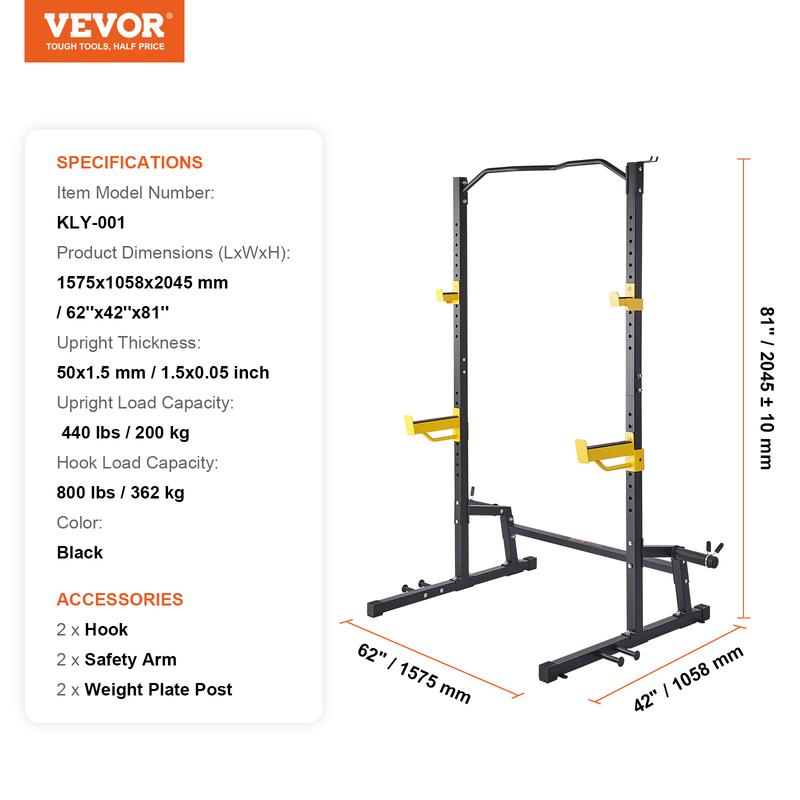 VEVOR Squat Stand Power Rack, Multi-Functional Power Rack with Pull up Bar, Hook, and Weight Plate Storage Attachment, Adjustable Power Rack Cage, Steel Exercise Squat Stand for Home Gym Equipment