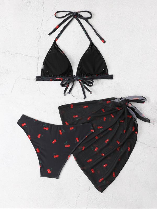 Women's Cherry Print Tie Back Bikini Swimsuit Set, Triangle Halter Swim Top & High Cut Swim Bottom & Cover Up Skirt Set, Casual Summer Swimwear