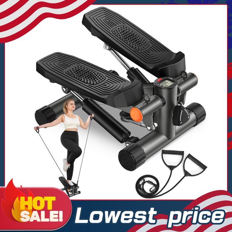 Home Workout Mini Stepper with Resistance Bands & LCD Monitor, Hydraulic Fitness Machine Supports Up to 330LBS for Full Body Exercise