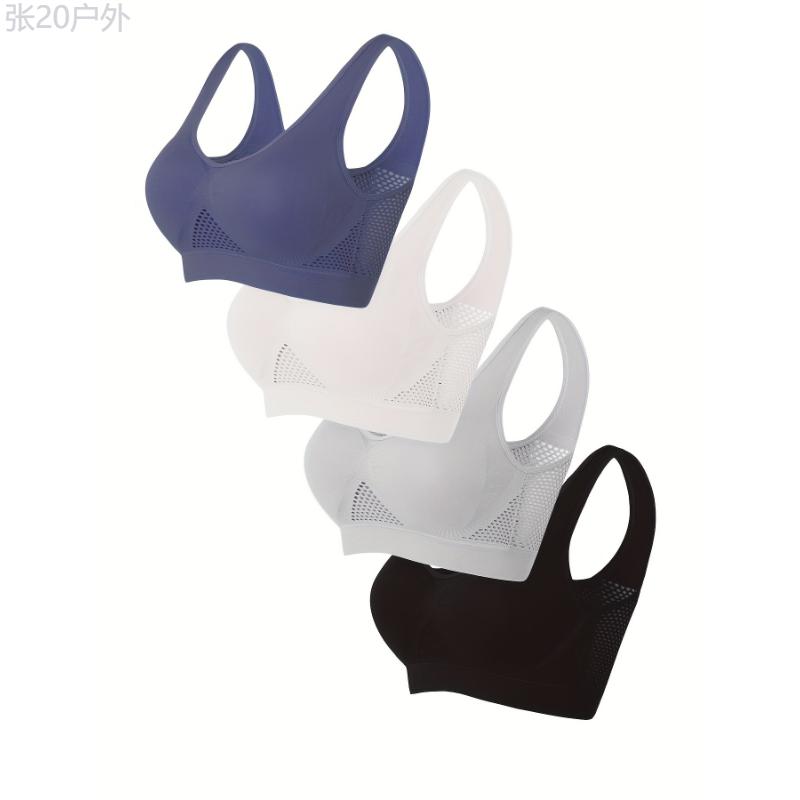 4 Pack Plus Size Sports Bra Set, Women's Plus Solid Comfort Medium Stretch Breathable Fitness Gym Bra 4pcs Set