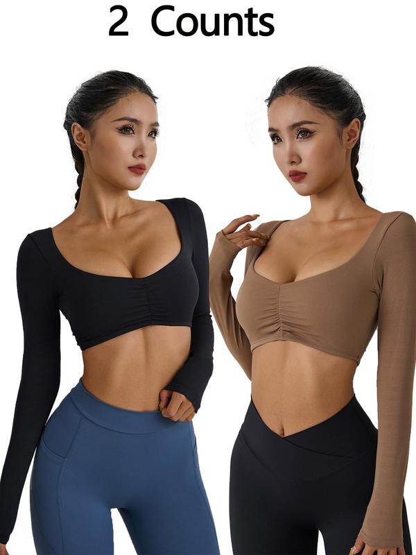 Women's Solid Ruched Scoop Neck Crop Sports Tee, Sporty Long Sleeve T-shirt for Yoga Gym Workout, Ladies Sportswear for Spring & Fall