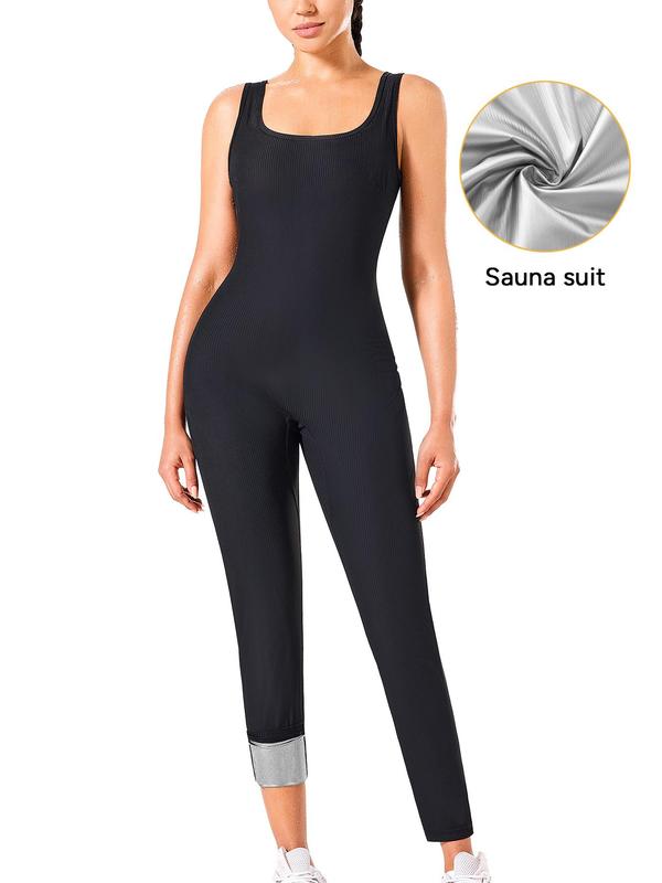 Women's Solid Backless Square Neck Sports Jumpsuit, Casual Sporty Sleeveless Jumpsuit for Yoga Gym Workout, Ladies Sportswear for All Seasons