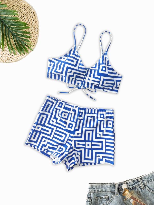 Three-piece Set Women's All Over Geometric Print Bikini Set, Casual Drawstring Swim Top & Elastic Waist Swim Bottom &  Cover Up Set, Fashion Women's Swimwear for Beach Holiday Vacation