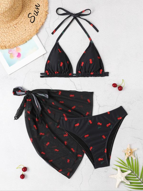 Women's Cherry Print Tie Back Bikini Swimsuit Set, Triangle Halter Swim Top & High Cut Swim Bottom & Cover Up Skirt Set, Casual Summer Swimwear