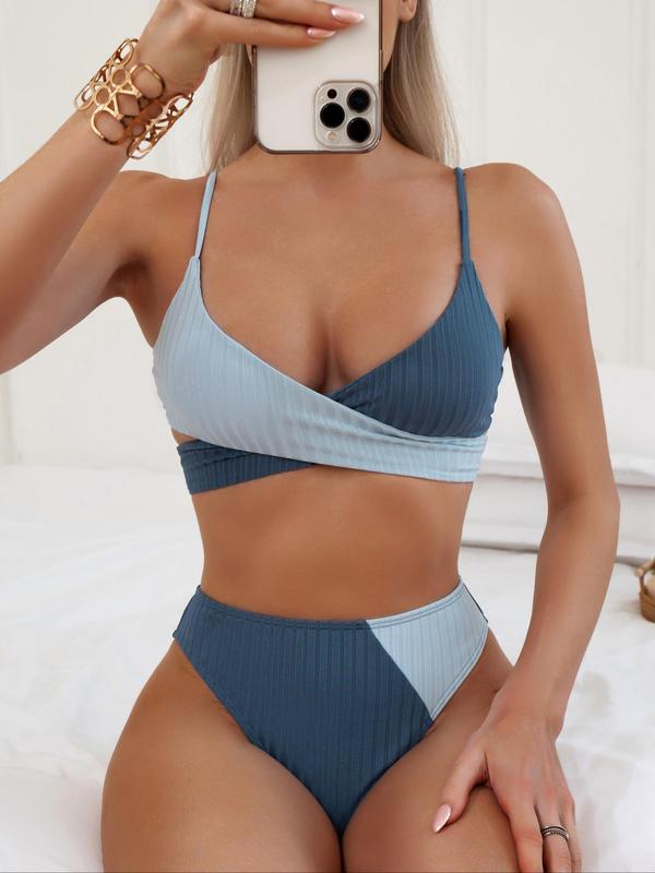 Two-Piece Set Women's Colorblock Cut Out Wrap Bikinis Set, Adjustable Strap Tie Back Wireless Swim Top & High Waist Swim Bottom, Ladies Summer Swimwear for Beach Holiday Vacation